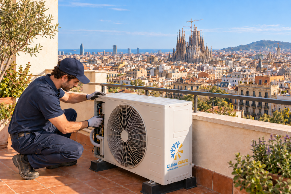 Imagen ilustrativa de un técnico con gorra revisando un aire acondicionado con el logotipo de Clima Grupo, con Barcelona y la Sagrada Família al fondo.