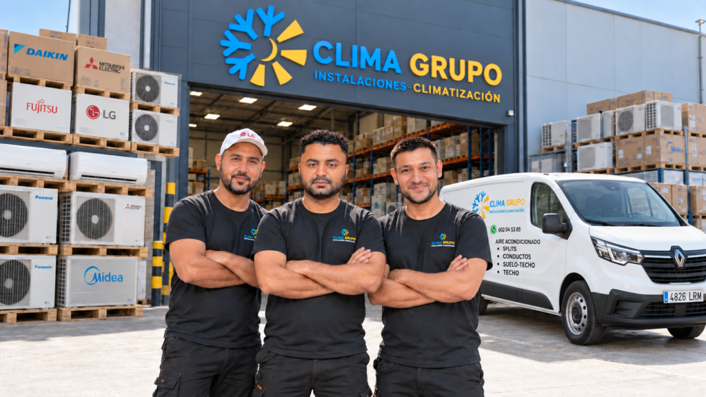 Malik, Anoop y Waqar, de Clima Grupo, junto a una furgoneta y equipos de climatización.