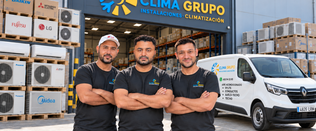 Malik, Anoop y Waqar, de Clima Grupo, junto a una furgoneta y equipos de climatización.
